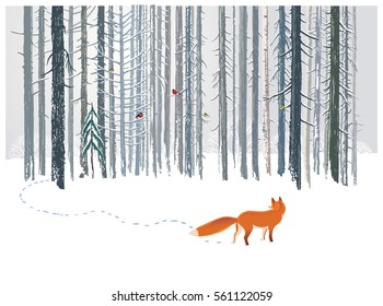 Winter forest landscape with a Fox.