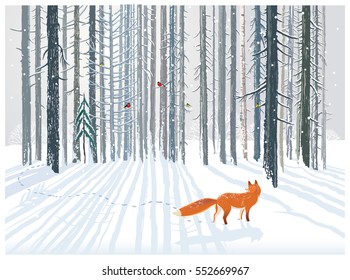 Winter forest landscape with a Fox. Vector illustration.