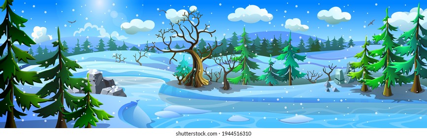 Winter forest landscape with frozen river, snowdrifts and fir trees. Blizzard in a snowy forest. 