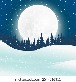 Winter forest landscape with full big moon at night