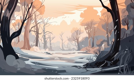 Winter in the forest landscape. Forest glade with plants and trees. Landscape of nature, natural area. Winter forest view, outdoor recreation place. Scenery with meadow, wildlife