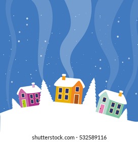 Winter forest landscape with houses and Christmas tree. Vector illustration