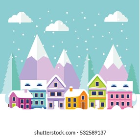 Winter forest landscape with houses and Christmas tree. Vector illustration