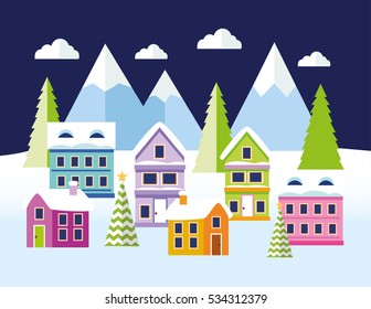 Winter forest landscape with houses and Christmas tree. Vector illustration