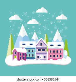 Winter forest landscape with houses and Christmas tree and mountains. Vector illustration