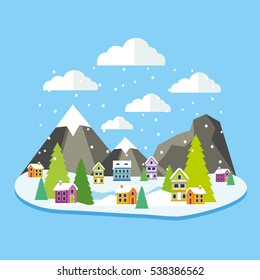Winter forest landscape with houses and Christmas tree and mountains. Vector illustration