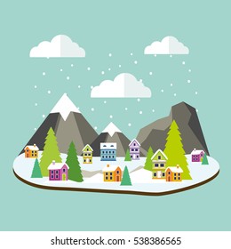 Winter forest landscape with houses and Christmas tree and mountains. Vector illustration