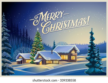 Winter forest landscape with forest huts and Christmas tree. Vector illustration.