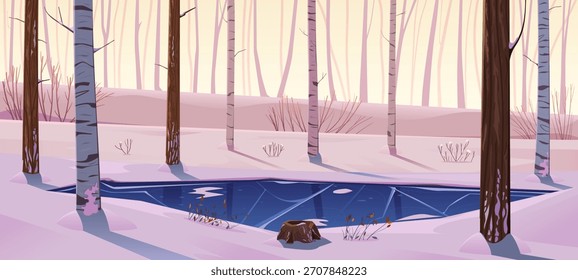 Un paisaje de bosque de invierno con un estanque cubierto de hielo, árboles caducifolios y arbustos, un viejo tocón, colinas y ventisqueros. Fondo natural dibujado a mano. Paisaje lindo de la naturaleza del Vector en estilo de la historieta.