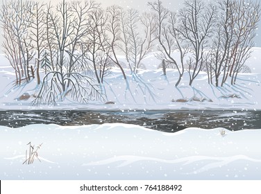 Winter forest landscape with ice-free river and falling snow, vector illustration.