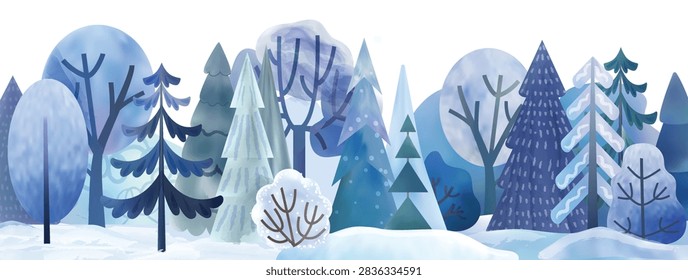 Winter forest landscape with layered snow, pine trees, bare branches, and blue mountain shaped woodland forms. Cold season, Christmas background, frozen nature. Vector illustration.
