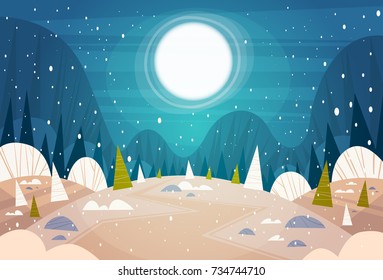 Winter Forest Landscape Moon Shining Over Snowy Trees, Merry Christmas And Happy New Year Banner Holidays Concept Flat Vector Illustration