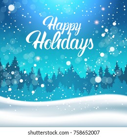 Winter Forest Landscape Night With Falling Snow Happy Holidays Lettering Background Flat Vector Illustration Immagine vettoriale stock