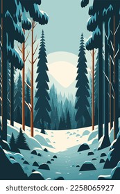 Winter forest landscape. Pine trees in the snow. Vector flat color cartoon illustration.