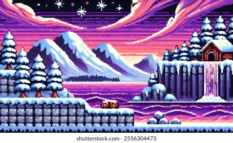 A winter forest landscape in pixel art 8-bit style sounds like a charming and nostalgic scene! The 8-bit style would add a pixelated texture, reminiscent of classic video games. 