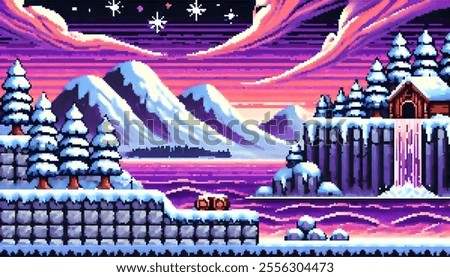 A winter forest landscape in pixel art 8-bit style sounds like a charming and nostalgic scene! The 8-bit style would add a pixelated texture, reminiscent of classic video games. 