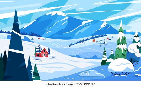 Winter Forest landscape with red house cottage vector. Mountain snowy landscape background. Christmas season illustration