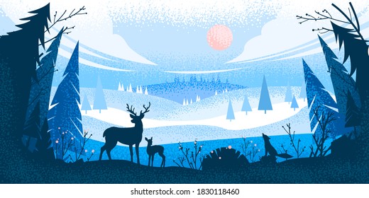 Winter forest landscape with reindeer silhouette, pine trees, hills, fox, sky, clouds. Christmas holiday background with woodland view, animals, bushes. Winter vector wild nature flat landscape 