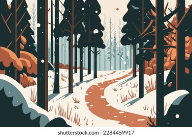 Winter forest landscape with road and trees. Vector illustration in flat style. A forest with a snow covered trail 