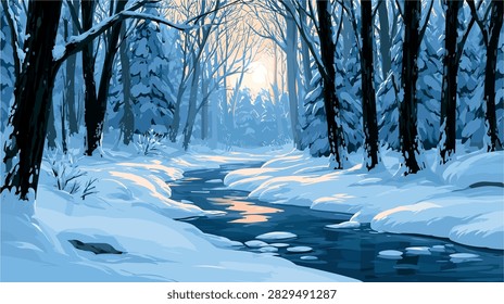 Winter Forest Landscape with Serene Snowy River and Golden Light