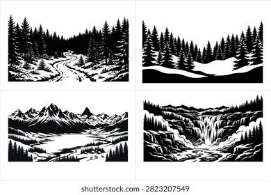 Winter forest landscape set with cascading mountain waterfall alpine lake pine tree trail and snow peak wilderness scenery woodcut black and white vector illustration
