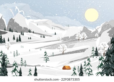 Winter forest landscape with snow covered on frost trees in the snowdrifts with beautiful sky.Vector cartoon horizon coniferous forest with snow falling,Backdrop banner for Christmas,New Year 2024