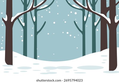 Winter Forest Landscape with Snow-Covered Trees and Falling Snowflakes
