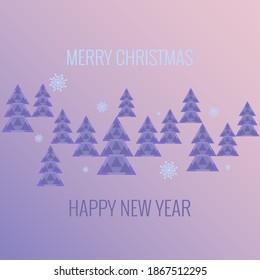 Winterwaldlandschaft, Schneeflocken, Bäume, Text Frohe Weihnachten, Frohe Neues Jahr. Vektorgrafik in pastellfarbenen violetten und rosafarbenen Farben für das Design von Postkarte, Textilien, Poster, Geschichte.