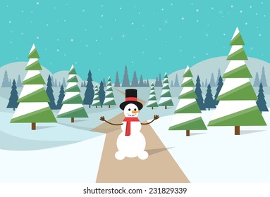 winter forest landscape snowman Christmas background, pine snow trees woods vector illustration
