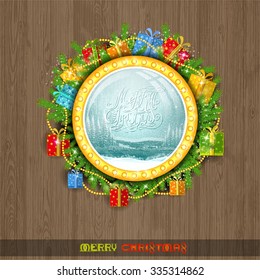Winter forest landscape and snowstorm behind the round window with christmas wreath