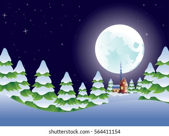 Winter forest landscape with snowy fir trees at night.