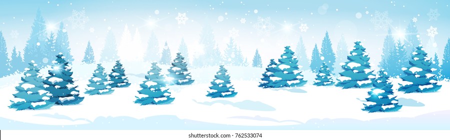 Winter Forest Landscape Snowy Pine Trees Horizontal Banner Flat Vector Illustration