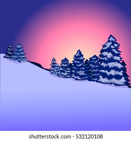 Winter forest, landscape, sunrise, sunset, vector