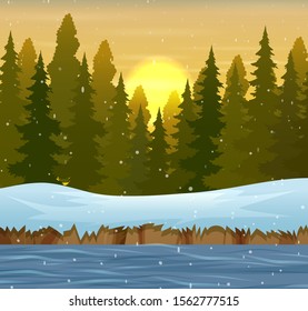 A winter forest landscape at sunset