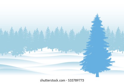 winter forest landscape with tree and snow in blue tone, vector illustration