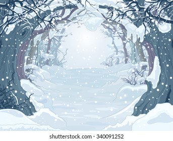 Winter forest landscape with trees 