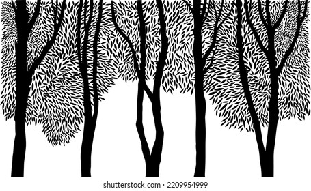 Paisaje del bosque invernal con árboles y hojas vectoriales de línea blanca y negra impresa de arte para blog, diseño de pared.