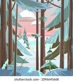 Winter forest landscape. The trunks of coniferous trees in the snow. Beautiful evening or morning sky. Thickets. Illustration in cartoon style flat design. Vector.