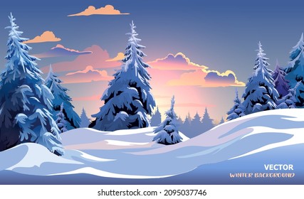 Winter forest landscape. Vector background with Christmas trees. Winter forest background with beautiful clouds.