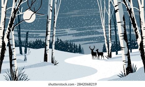 Winter forest landscape vector illustration. Deer among birch trees in snowy woods with moon and falling snow flat style design. Wild nature concept