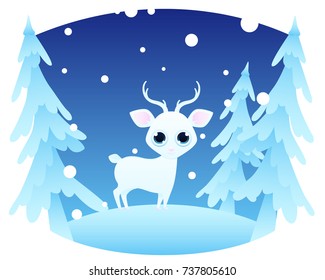 Winter forest landscape with white deer. Vector illustration