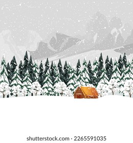 Winter forest landscape with Wood Barn,Fir Trees and Pines in Snowy day.Vector cartoon horizon coniferous forest with snow falling at night,Backdrop background banner for Christmas,New Year Decoration