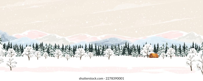 Paisaje de los bosques de invierno con Wood Barn, Fir Trees y Pines en los días de nieve.Bosque de coníferas vectoriales de horizonte de dibujos animados con nieve cayendo por la noche,Banner de fondo para Navidad,Año Nuevo 2024