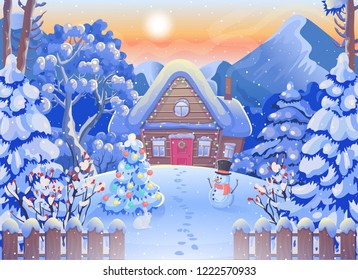 Winter forest landscape with wooden house, mountains, moon and starry sky, snowman, Christmas tree. Vector drawing illustration in cartoon style. Horizontal background. Christmas card.