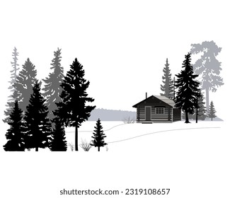 Winter forest landscape with wooden house, black and white style. Vector illustration.