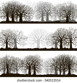 winter forest landscapes, silhouette of trees and grass, natural template, hand drawn vector illustration