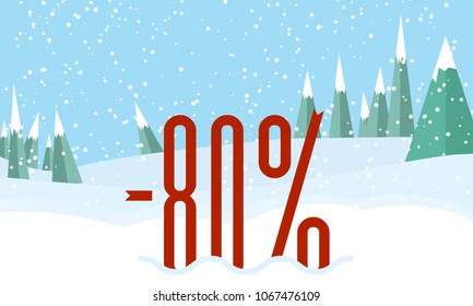 Winter forest landscape,snowy sky. Red Percent on snow.Flat style for web