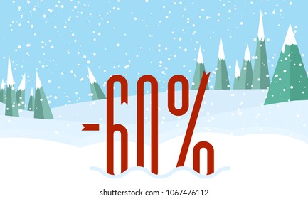 Winter forest landscape,snowy sky. Red Percent on snow.Flat style for web