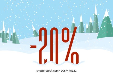 Winter Forest Landscape,snowy Sky. Red Percent On Snow.Flat Style For Web