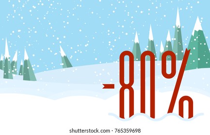 Winter forest landscape,snowy sky. Red Percent on snow.Flat style for web